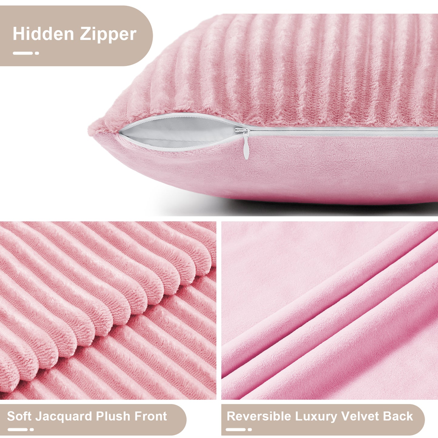 Soft Plush Throw Pillow Cover - 18x18inch (Set of 2, Pink)