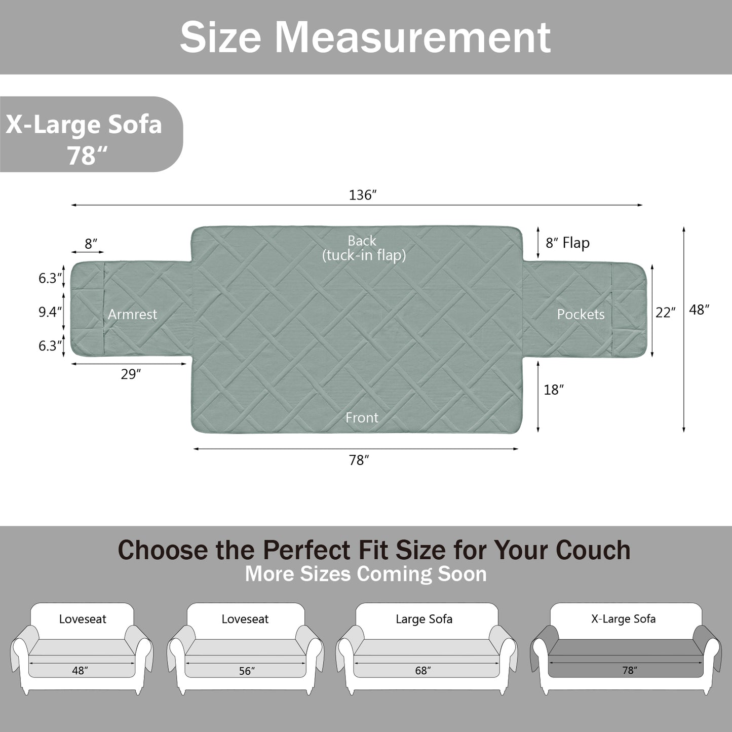 Soft Quilted Couch Seat Cover - X-Large Sofa 78inch (Sage Green)
