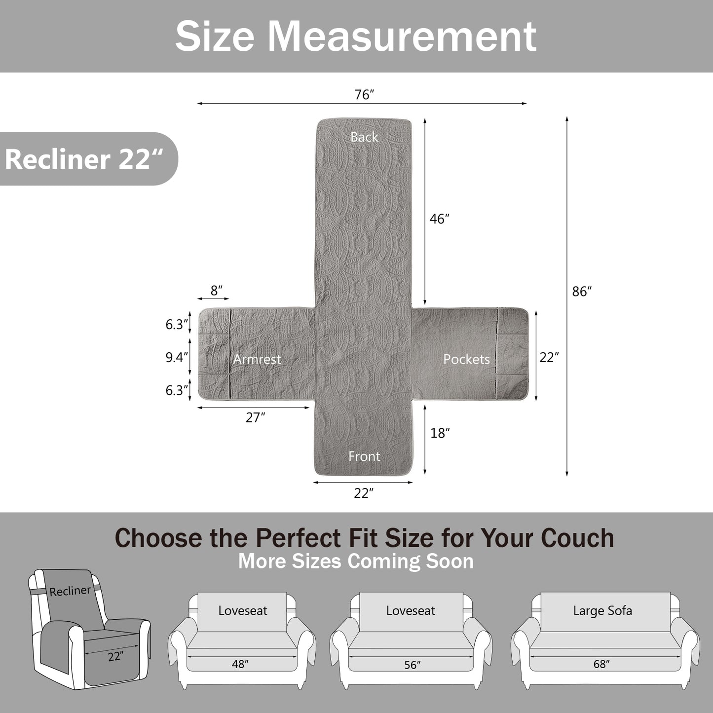 Quilted Recliner Cover - Cool Gray