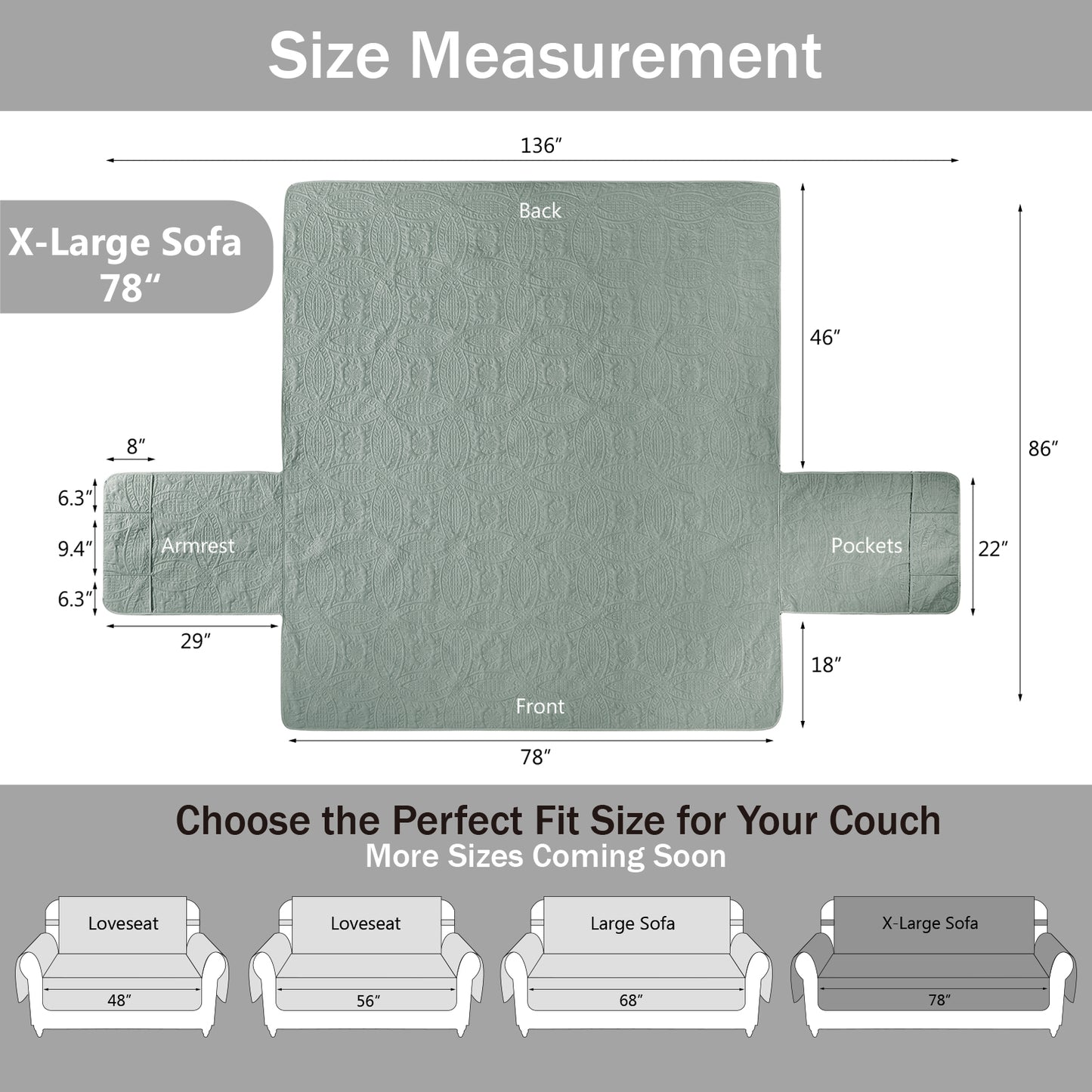 Soft Quilted Couch Cover with Pockets - X-Large Sofa 78inch (Sage Blue)