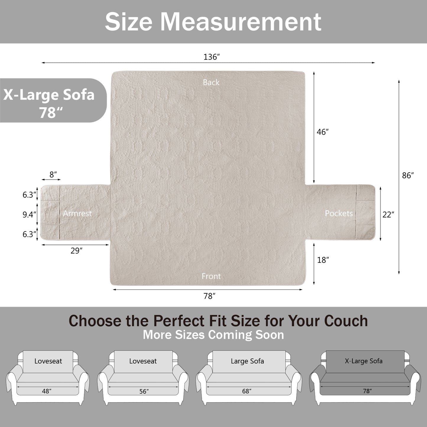 Soft Quilted Couch Cover - X-Large Sofa 78inch (Beige Cream)