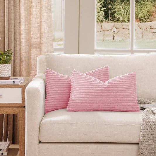Soft Plush Textured Stripe Lumbar Pillow Cover - 12x20inch(Set of 2, Pink)