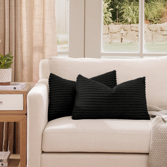 Soft Plush Textured Stripe Lumbar Pillow Cover - 12x20inch(Set of 2, Black)