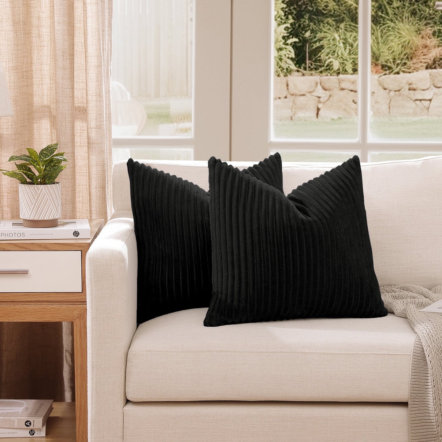 Soft Jacquard Plush Throw Pillow Cover - 18x18inch (Set of 2, Black)