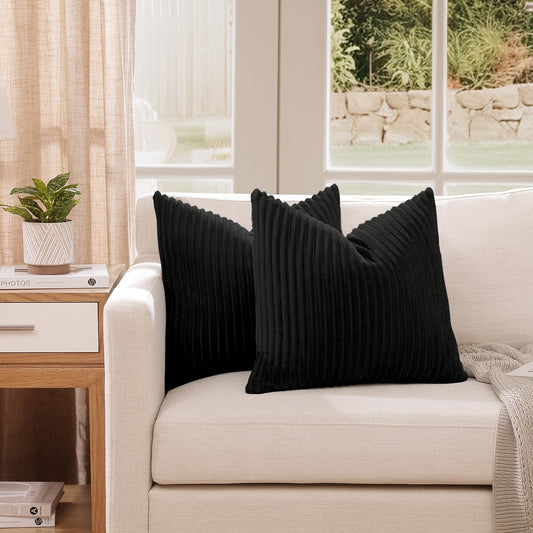 Soft Jacquard Plush Throw Pillow Cover - 18x18inch (Set of 2, Black)