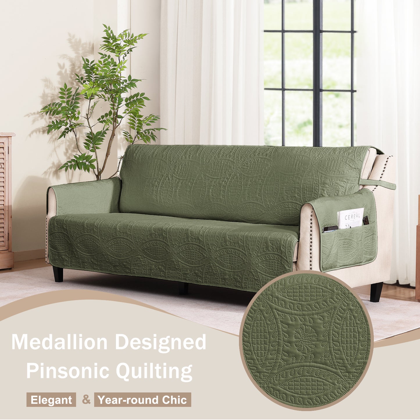 Olive Green Quilted Couch Cover - X-Large Sofa 78inch  (Olive Green)