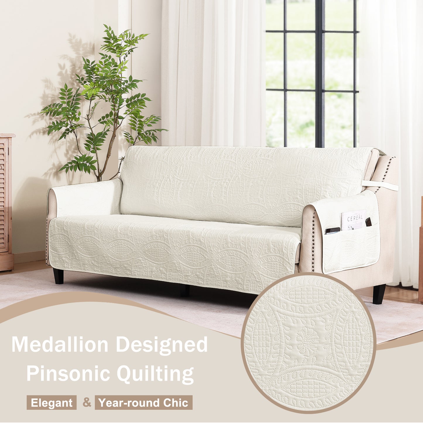Quilted Sofa Slipcover - Large Sofa 68inch  (Ivory White)