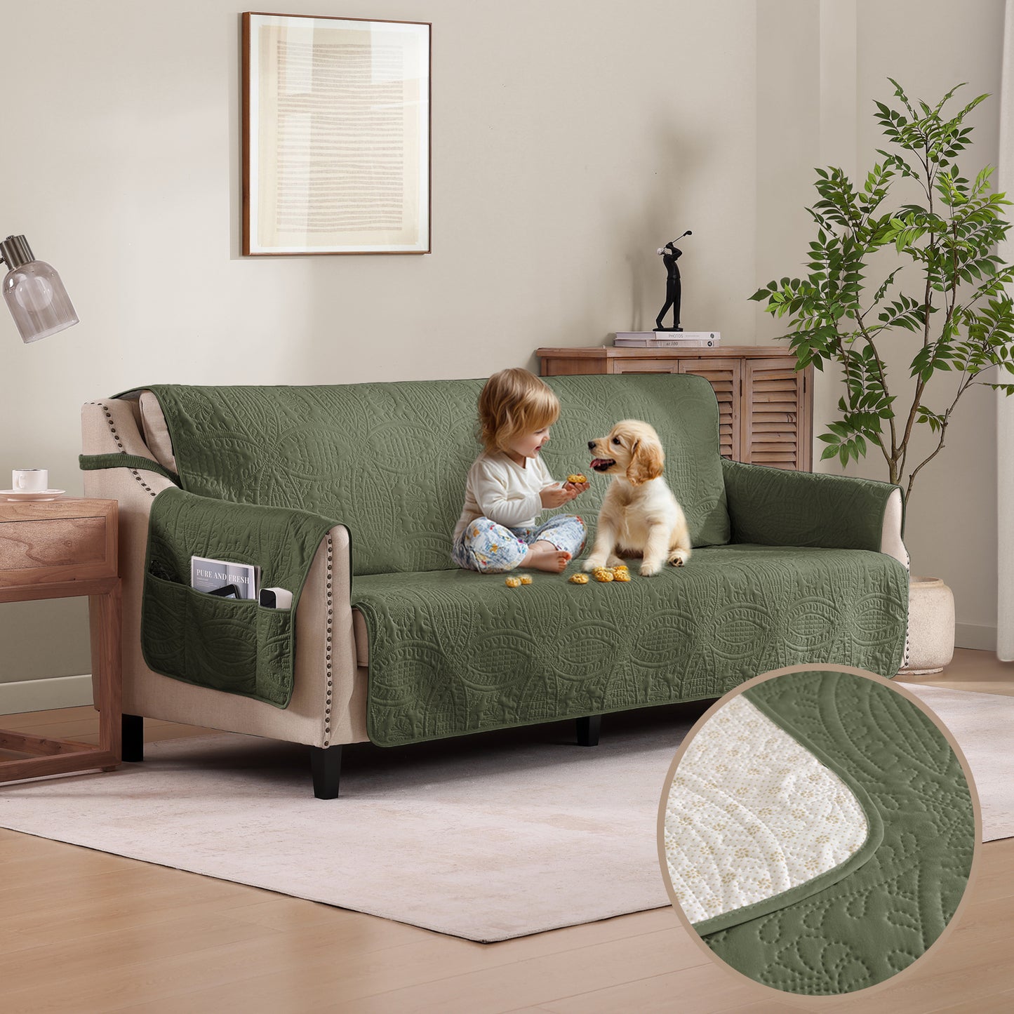 Olive Green Quilted Couch Cover - X-Large Sofa 78inch  (Olive Green)