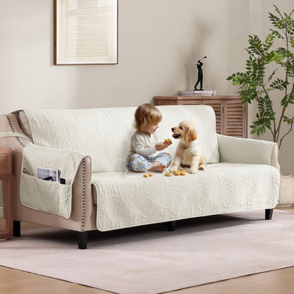 Quilted Sofa Slipcover - Large Sofa 68inch  (Ivory White)