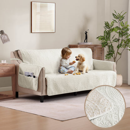 Quilted Sofa Slipcover - Large Sofa 68inch  (Ivory White)