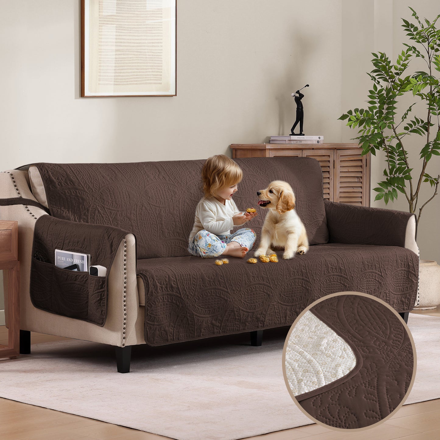 Quilted Sofa Slipcover - Large Sofa 68inch  (Chocolate)
