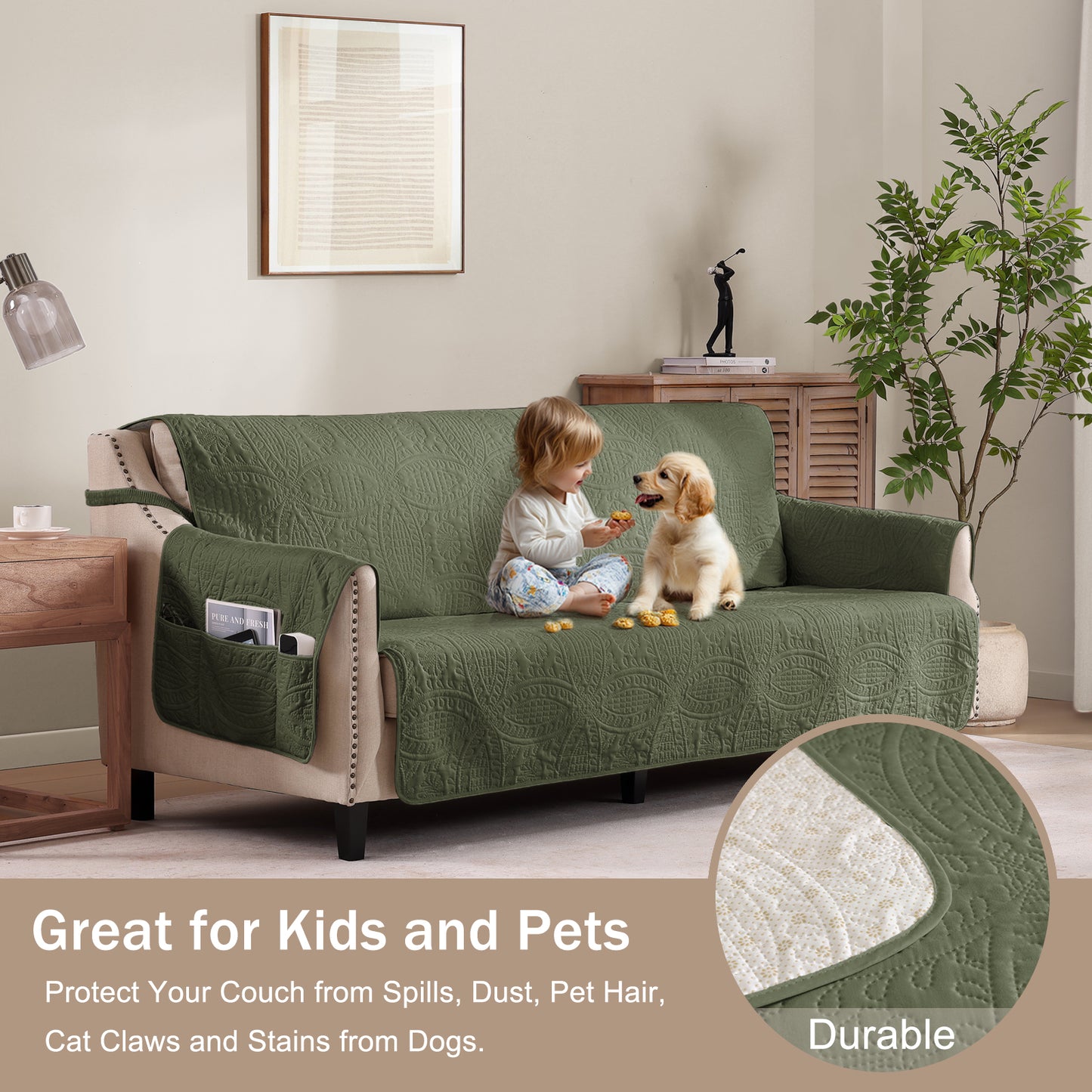 Olive Green Quilted Couch Cover - X-Large Sofa 78inch  (Olive Green)