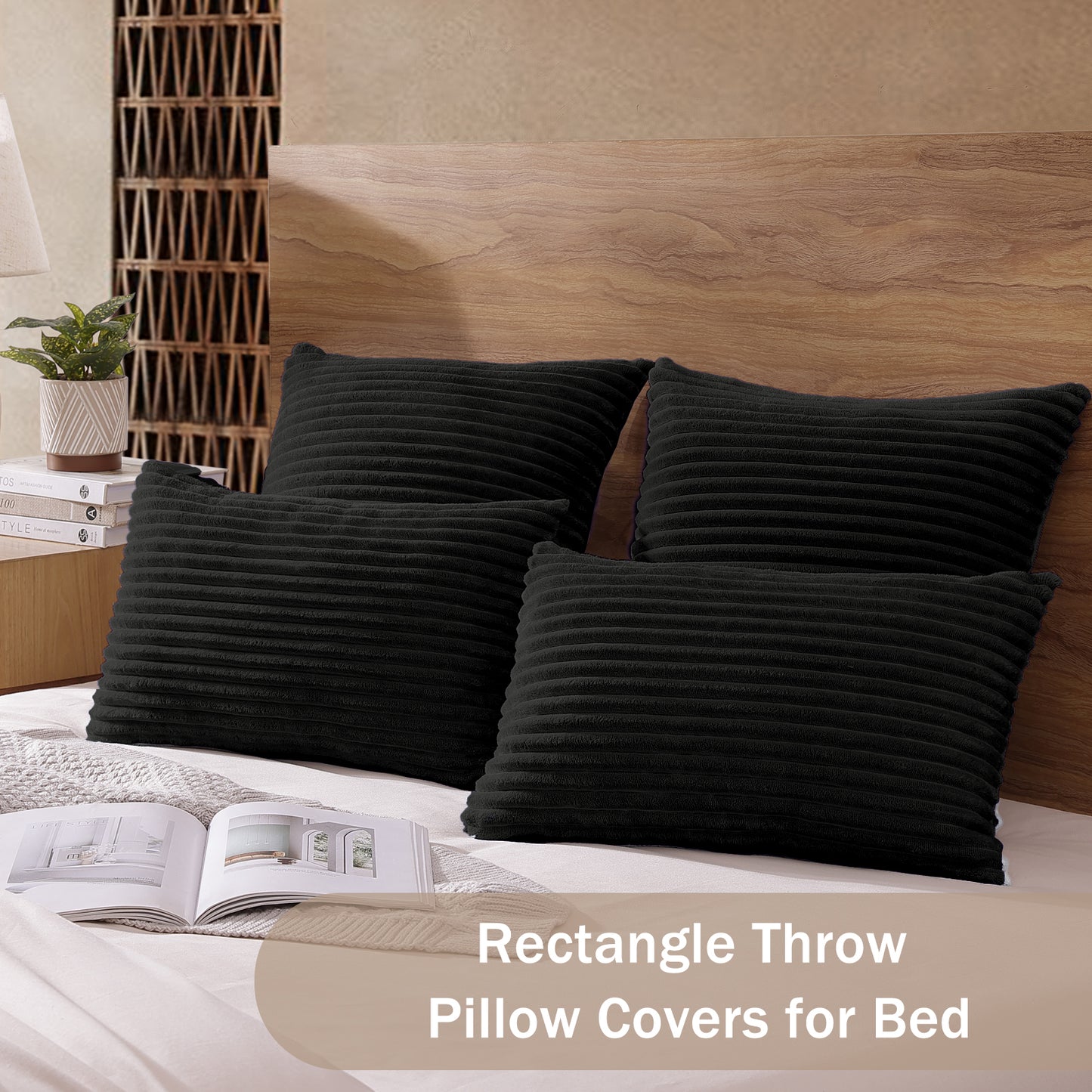 Soft Plush Textured Stripe Lumbar Pillow Cover - 12x20inch(Set of 2, Black)