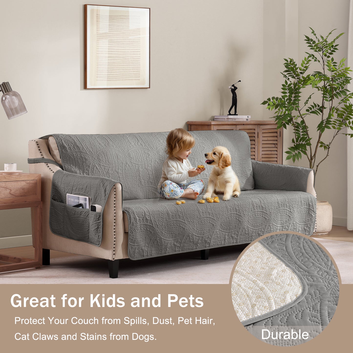 Quilted Cool Gray Sofa Slipcover - Large Sofa 68inch  (Cool Gray)