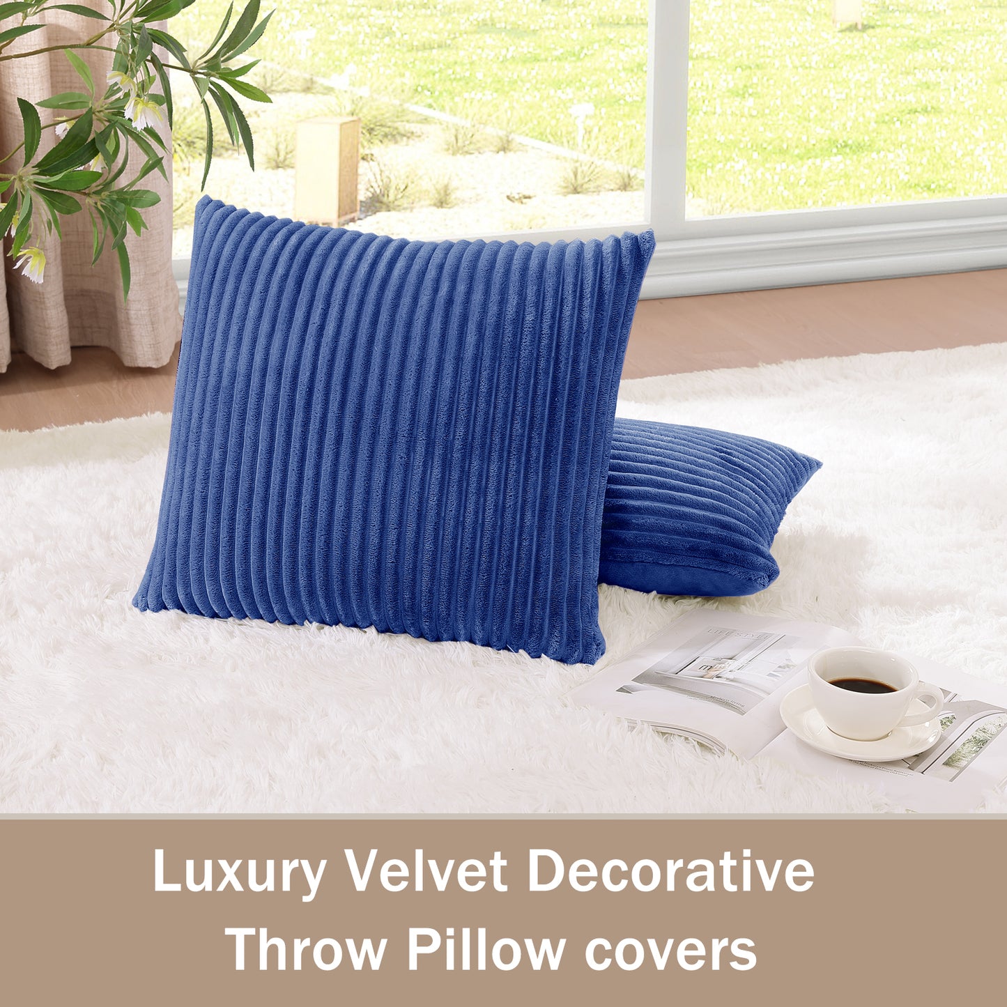 Soft Jacquard Plush Throw Pillow Cover - 18x18inch (Set of 2, Blue)