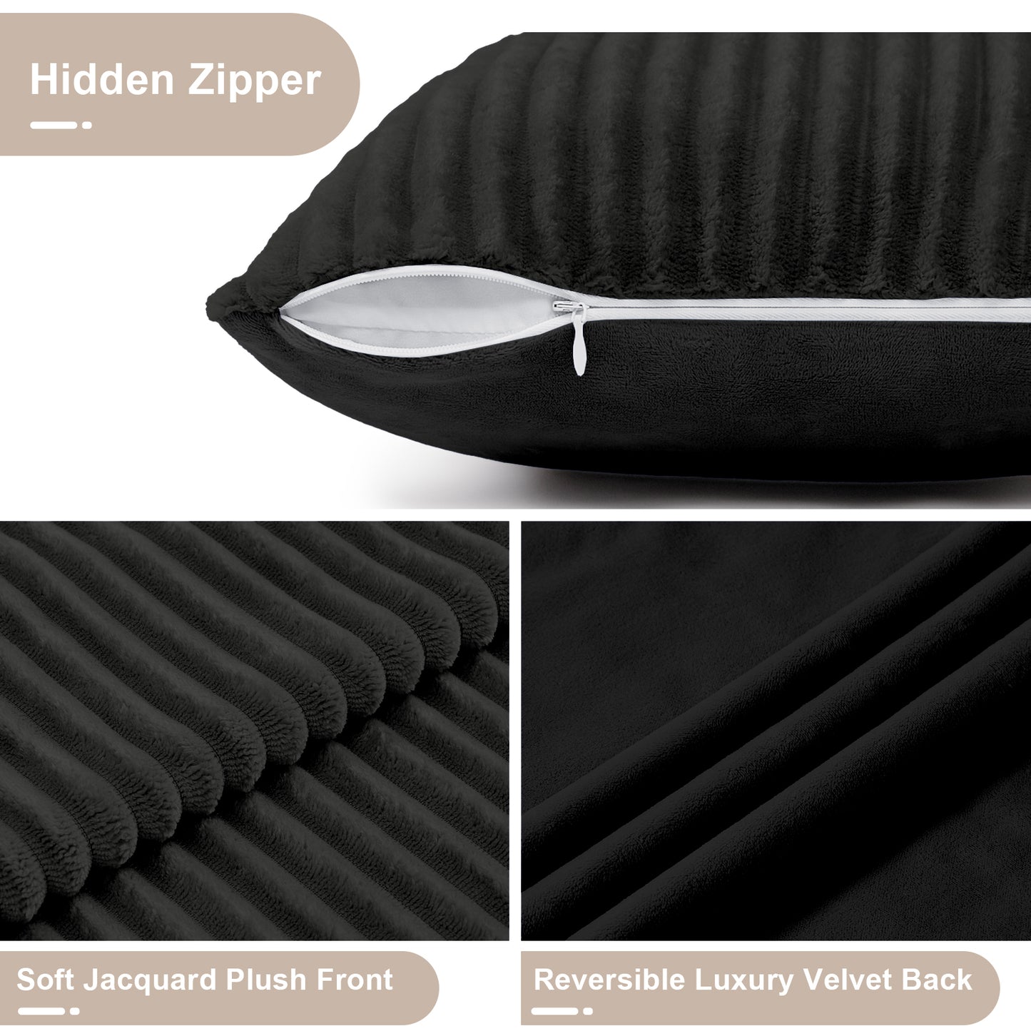 Soft Plush Textured Stripe Lumbar Pillow Cover - 12x20inch(Set of 2, Black)
