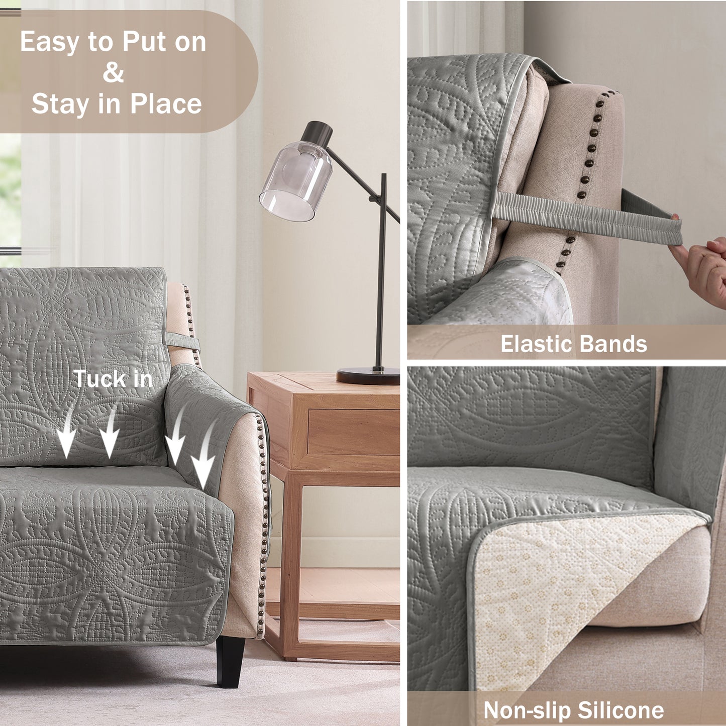 Quilted Cool Gray Sofa Slipcover - Large Sofa 68inch  (Cool Gray)