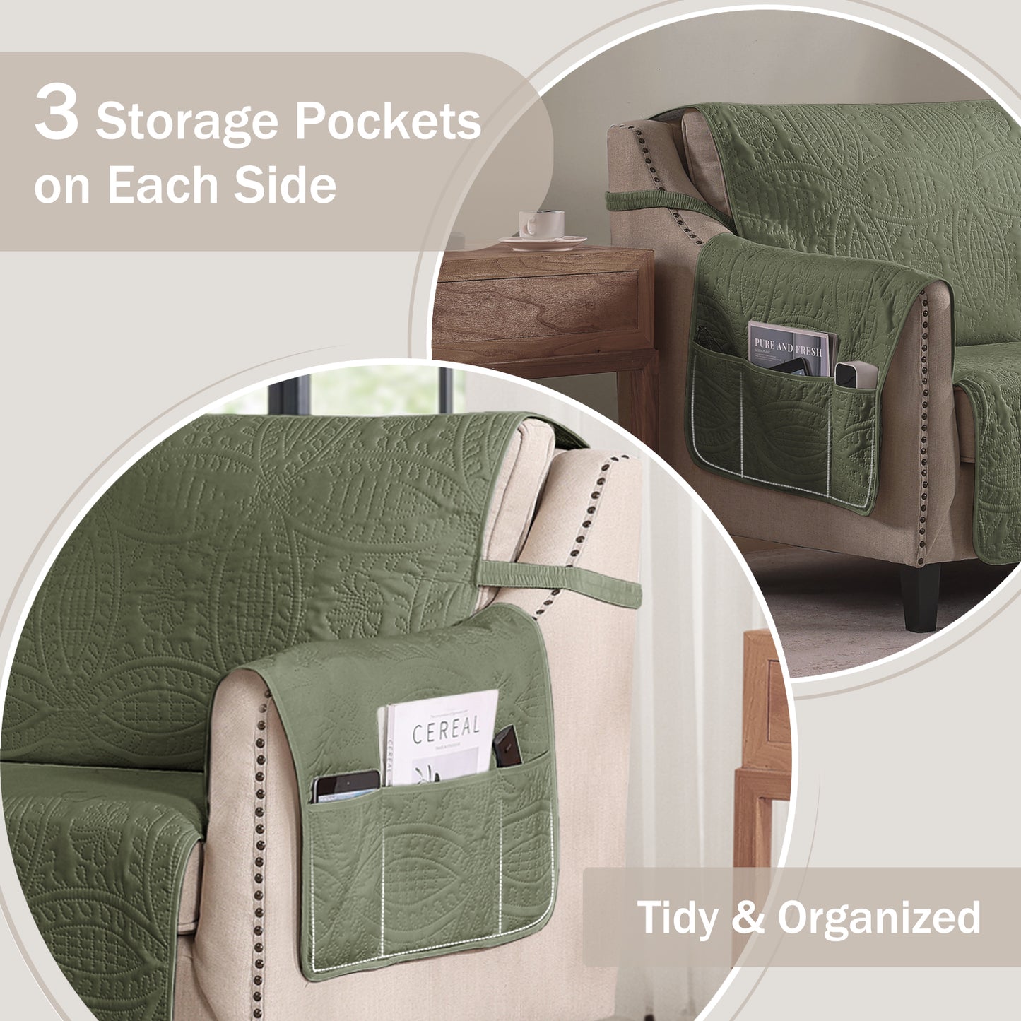Olive Green Quilted Couch Cover - X-Large Sofa 78inch  (Olive Green)