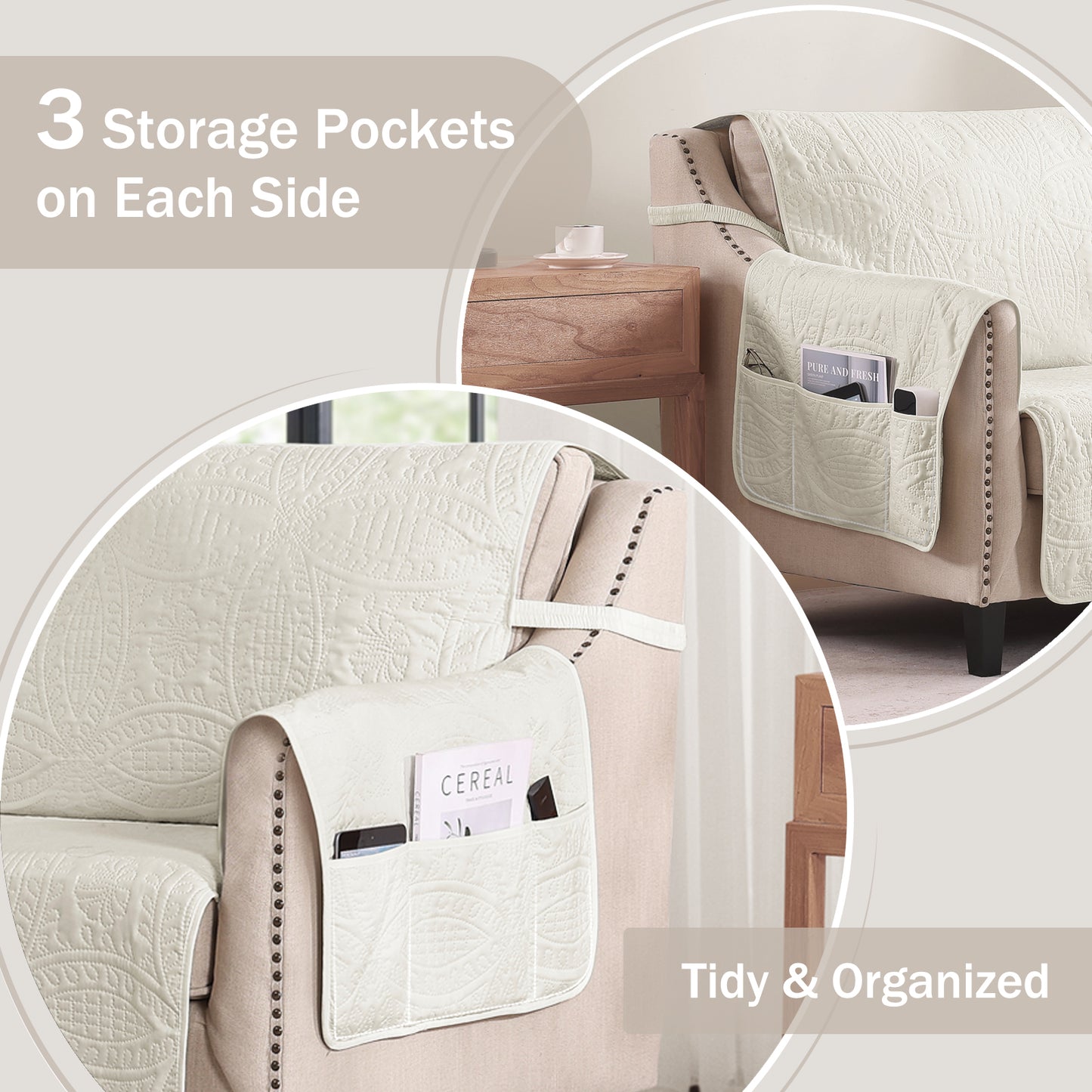 Quilted Sofa Slipcover - Large Sofa 68inch  (Ivory White)