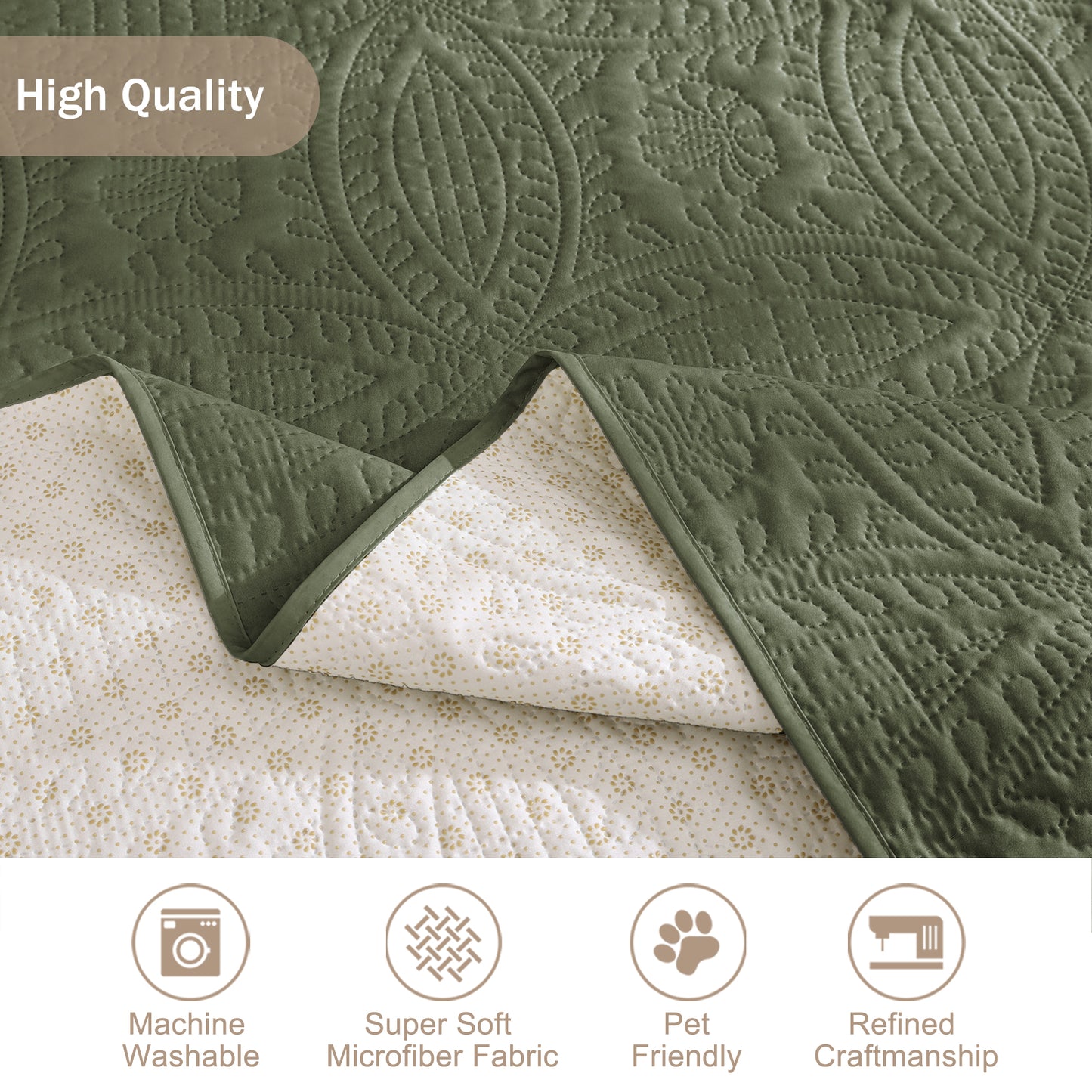 Olive Green Quilted Couch Cover - X-Large Sofa 78inch  (Olive Green)