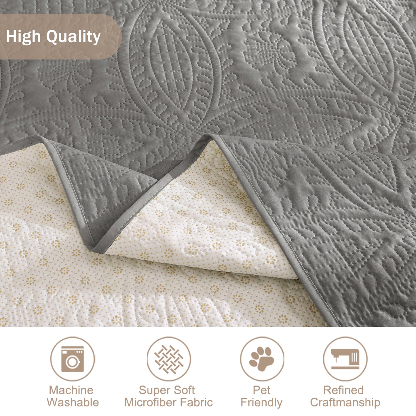 Quilted Cool Gray Sofa Slipcover - Large Sofa 68inch  (Cool Gray)