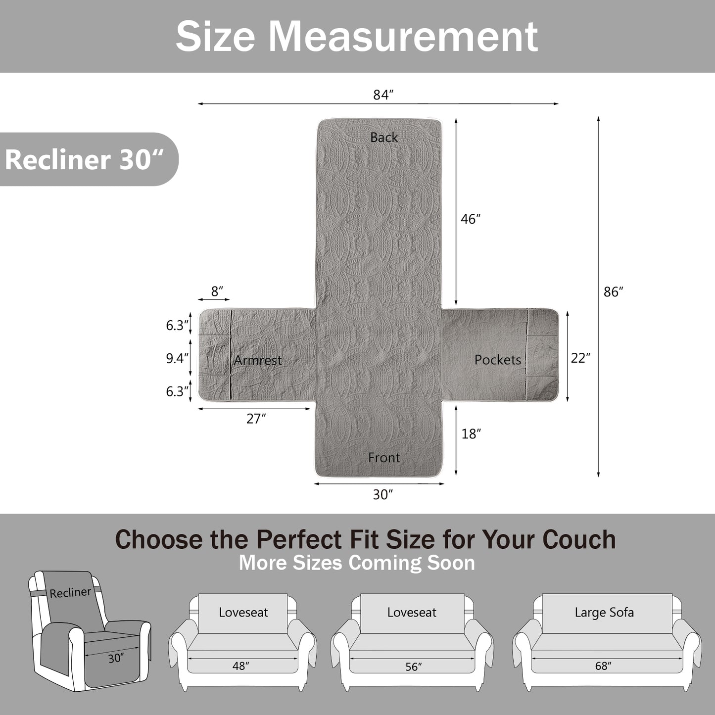 Large Gray Recliner Cover - Recliner 30inch  (Cool Gray)
