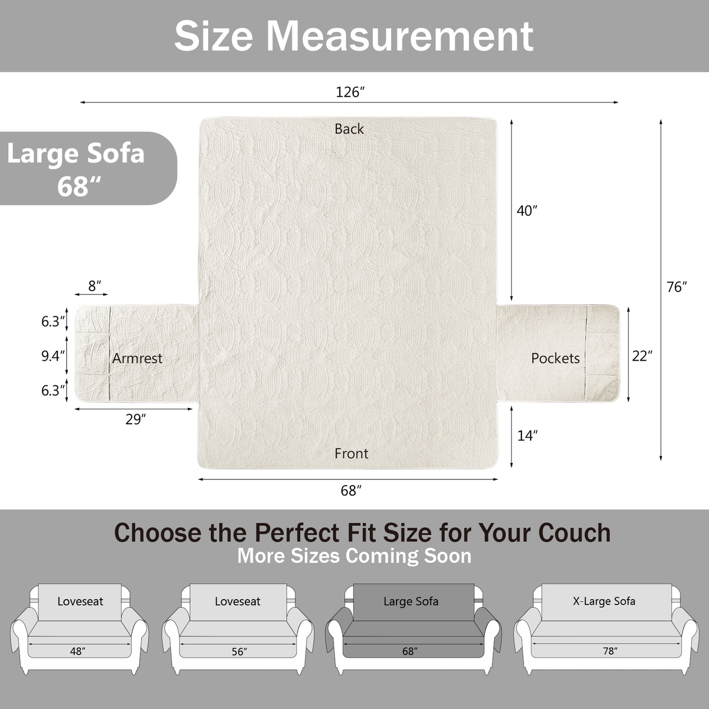 Quilted Sofa Slipcover - Large Sofa 68inch  (Ivory White)