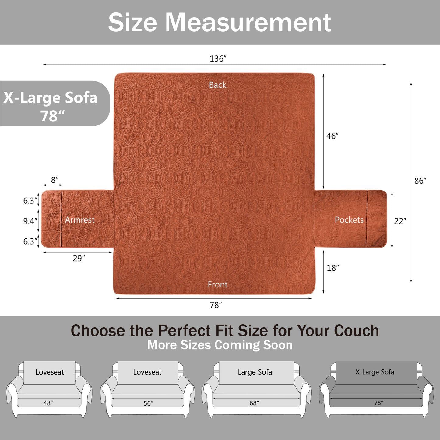 Soft Quilted Couch Cover - X-Large Sofa 78inch  (Burnt Orange)