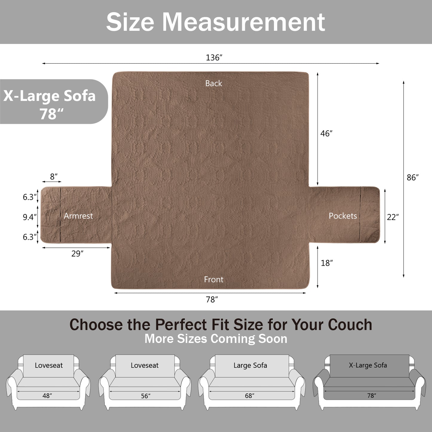 Soft Quilted Couch Cover - X-Large Sofa 78inch  (Raw Umber)