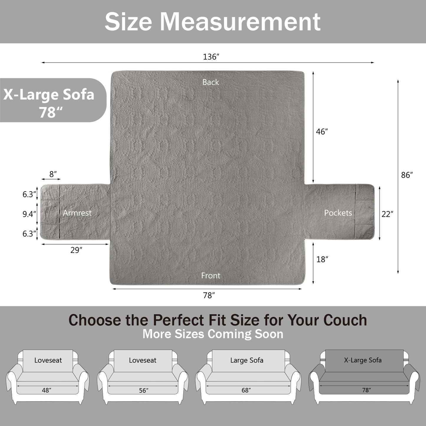 Soft Quilted Couch Cover - X-Large Sofa 78inch  (Cool Gray)