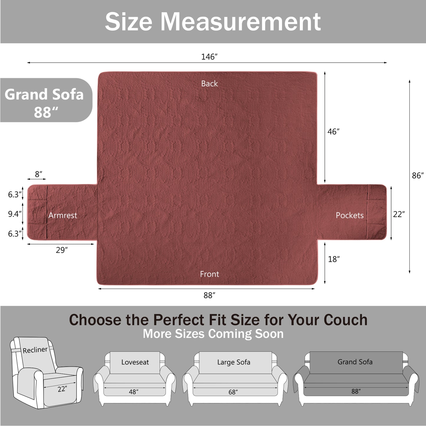 Quilted Grand Sofa Cover - Grand Sofa 88inch  (Red)