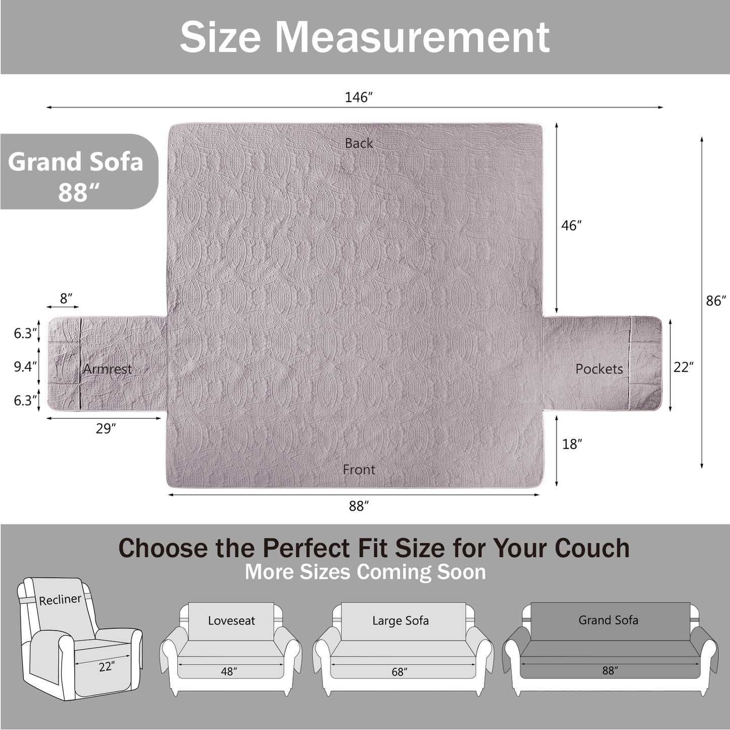 Quilted Grand Sofa Cover - Grand Sofa 88inch  (Cloud Purple)