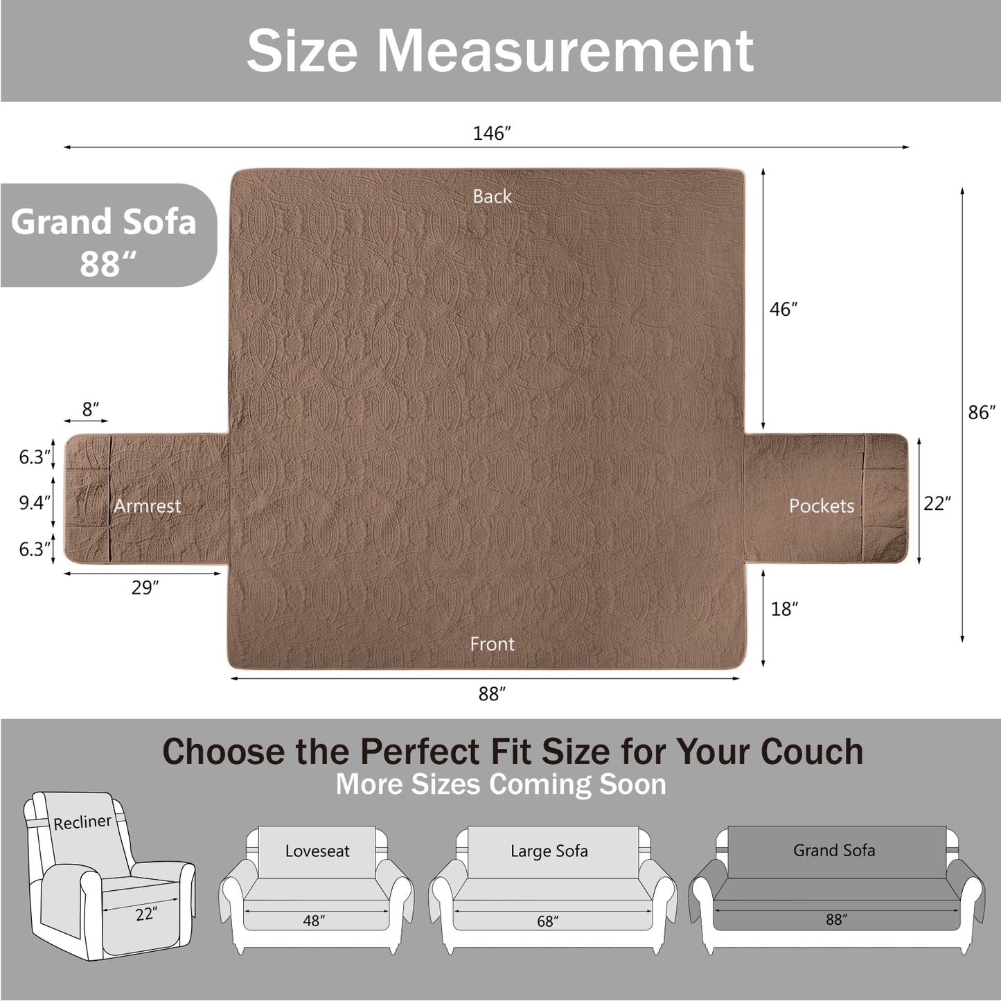 Quilted Grand Sofa Cover - Grand Sofa 88inch  (Raw Umber)