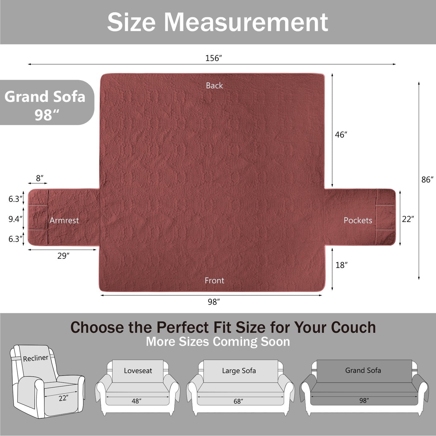 Quilted Grand Sofa Cover - Grand Sofa 98inch  (Red)