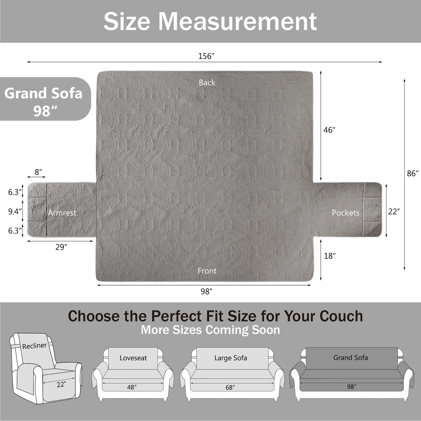 Quilted Grand Sofa Cover - Grand Sofa 98inch  (Cool Gray)