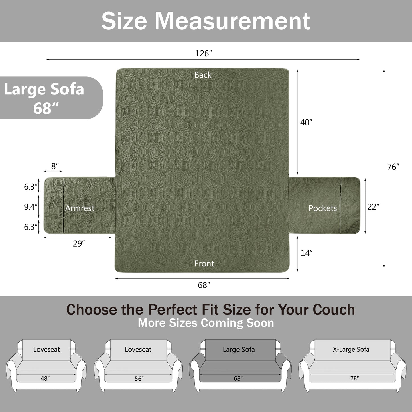 Quilted Olive Green Sofa Slipcover - Large Sofa 68inch  (Olive Green)