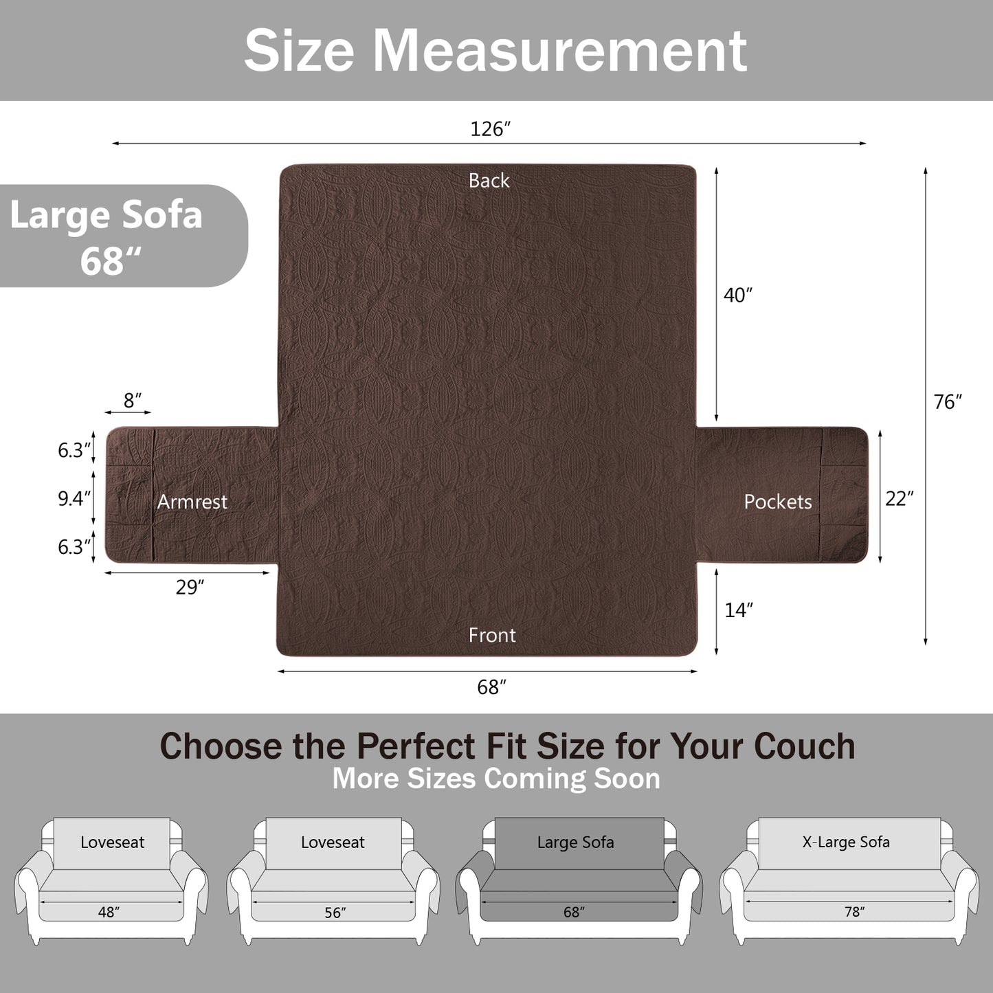 Quilted Sofa Slipcover - Large Sofa 68inch  (Chocolate)