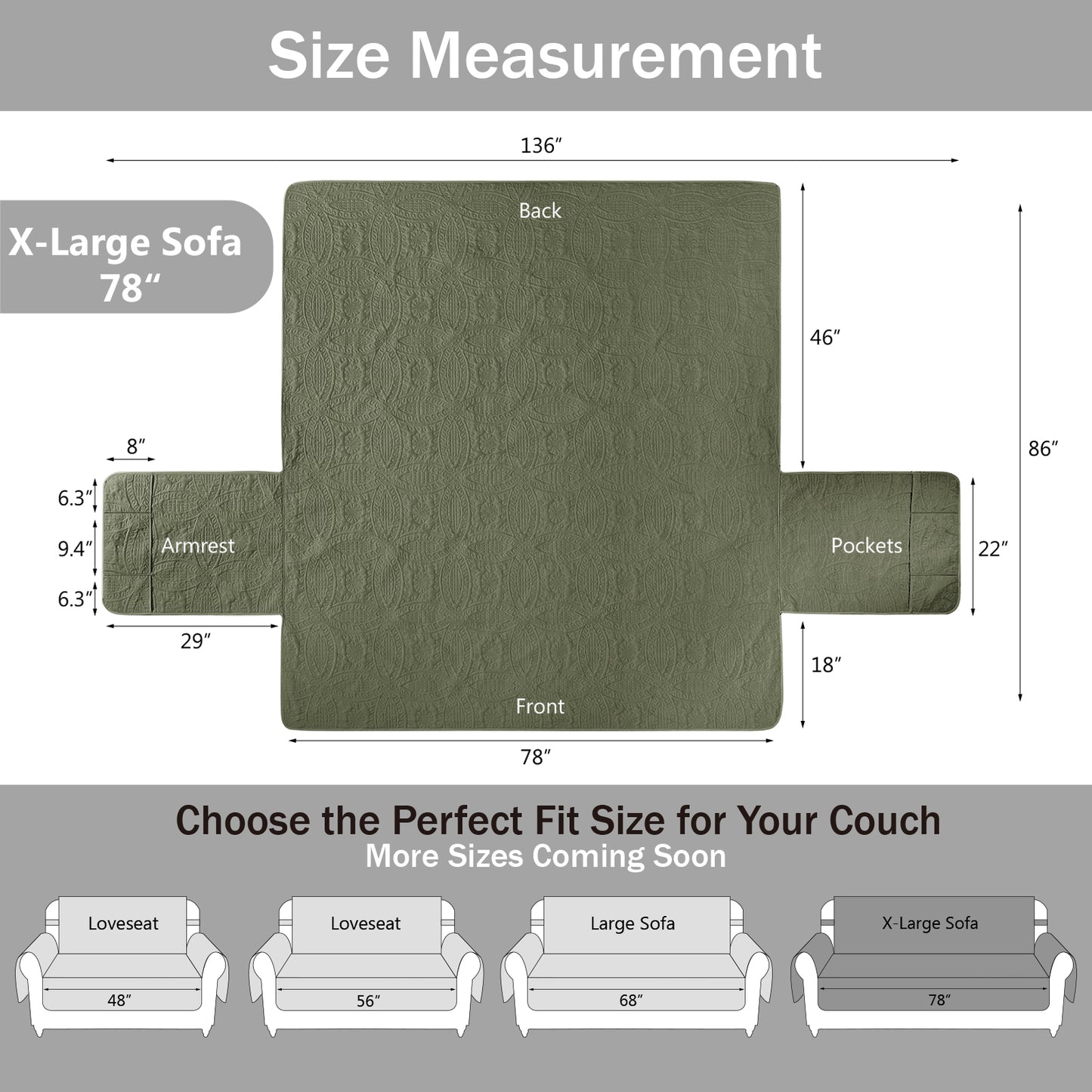 Olive Green Quilted Couch Cover - X-Large Sofa 78inch  (Olive Green)