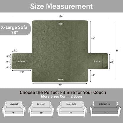 Olive Green Quilted Couch Cover - X-Large Sofa 78inch  (Olive Green)