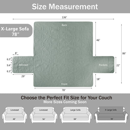 Soft Quilted Couch Cover with Pockets - X-Large Sofa 78inch  (Sage Blue)
