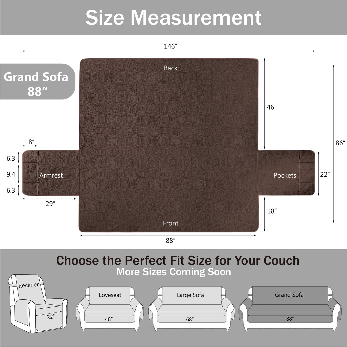 Quilted Grand Sofa Cover - Grand Sofa 88inch  (Chocolate)